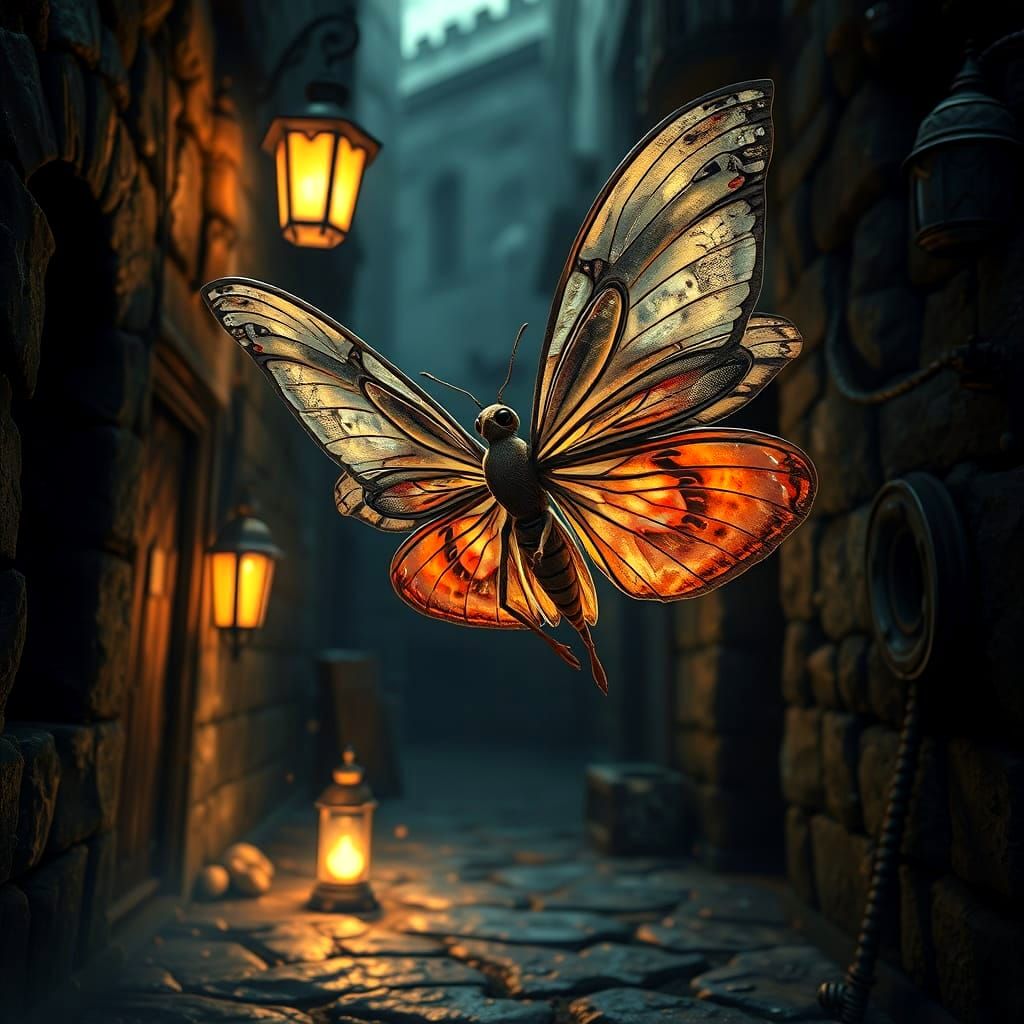 Moth Fairy Dances in Grimy Alleyway as Splash Art