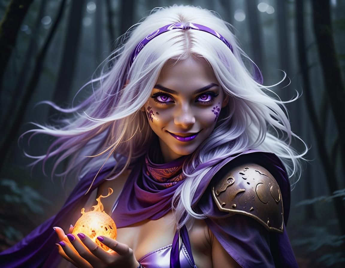 Fantasy Woman Holding Fireball in Dark Forest
