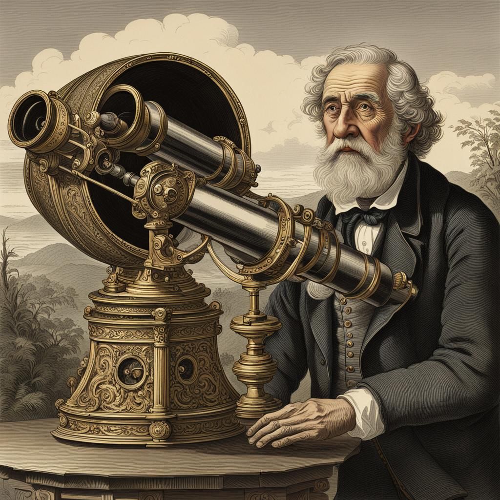 Elder Man Observes Stars With Ornate Telescope