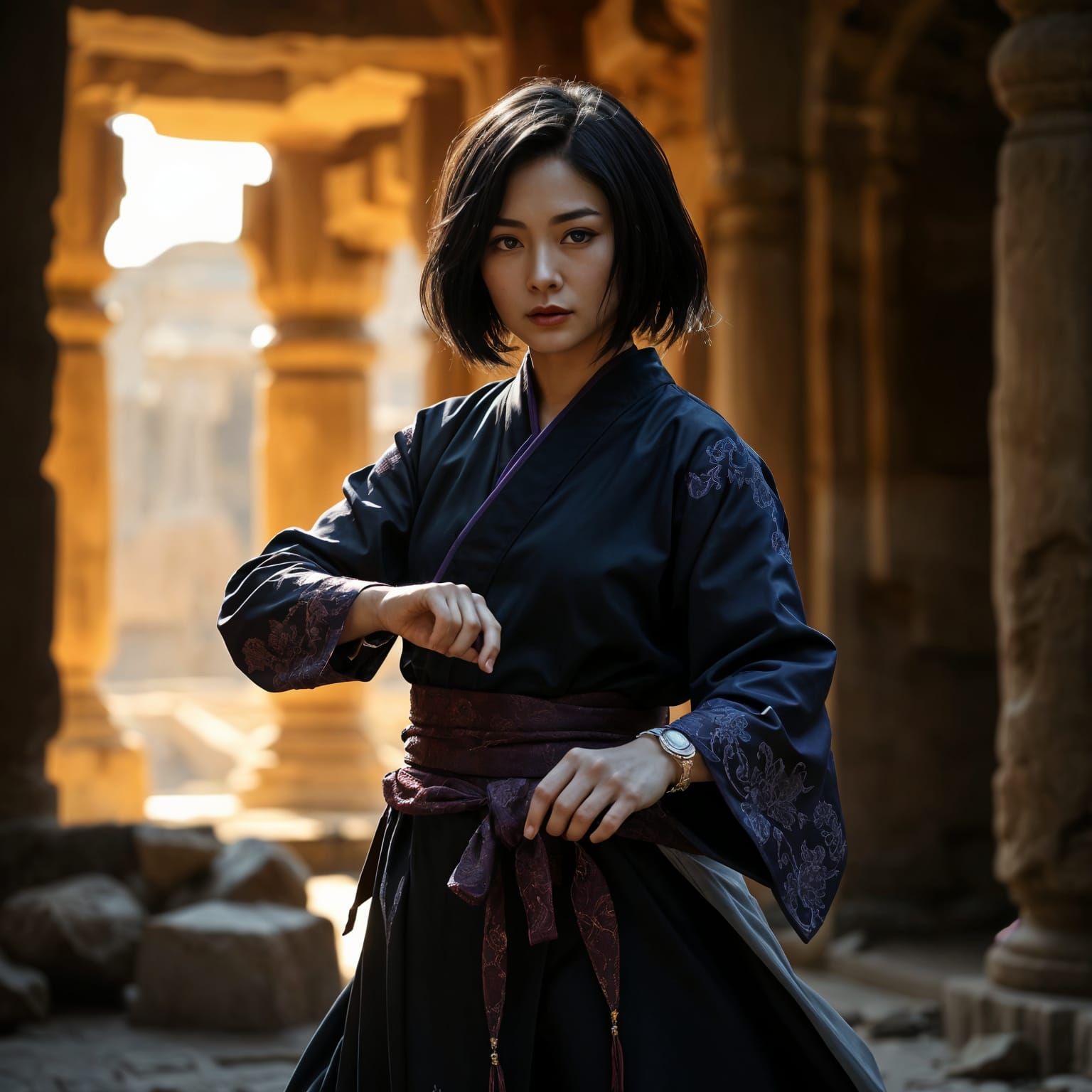 Regal Warrior Woman in Silk Robes in Ancient Ruins
