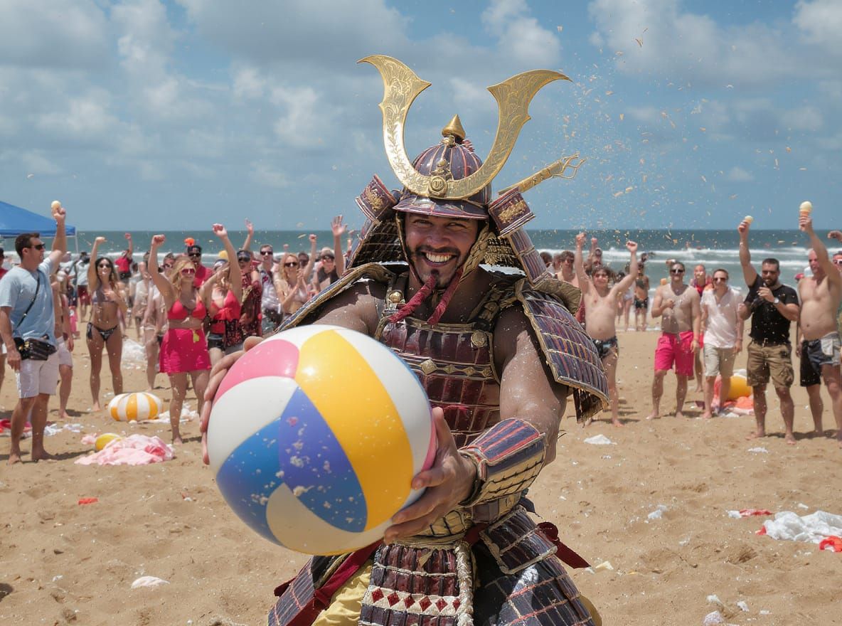 Happy Samurai Warrior at Beach Party