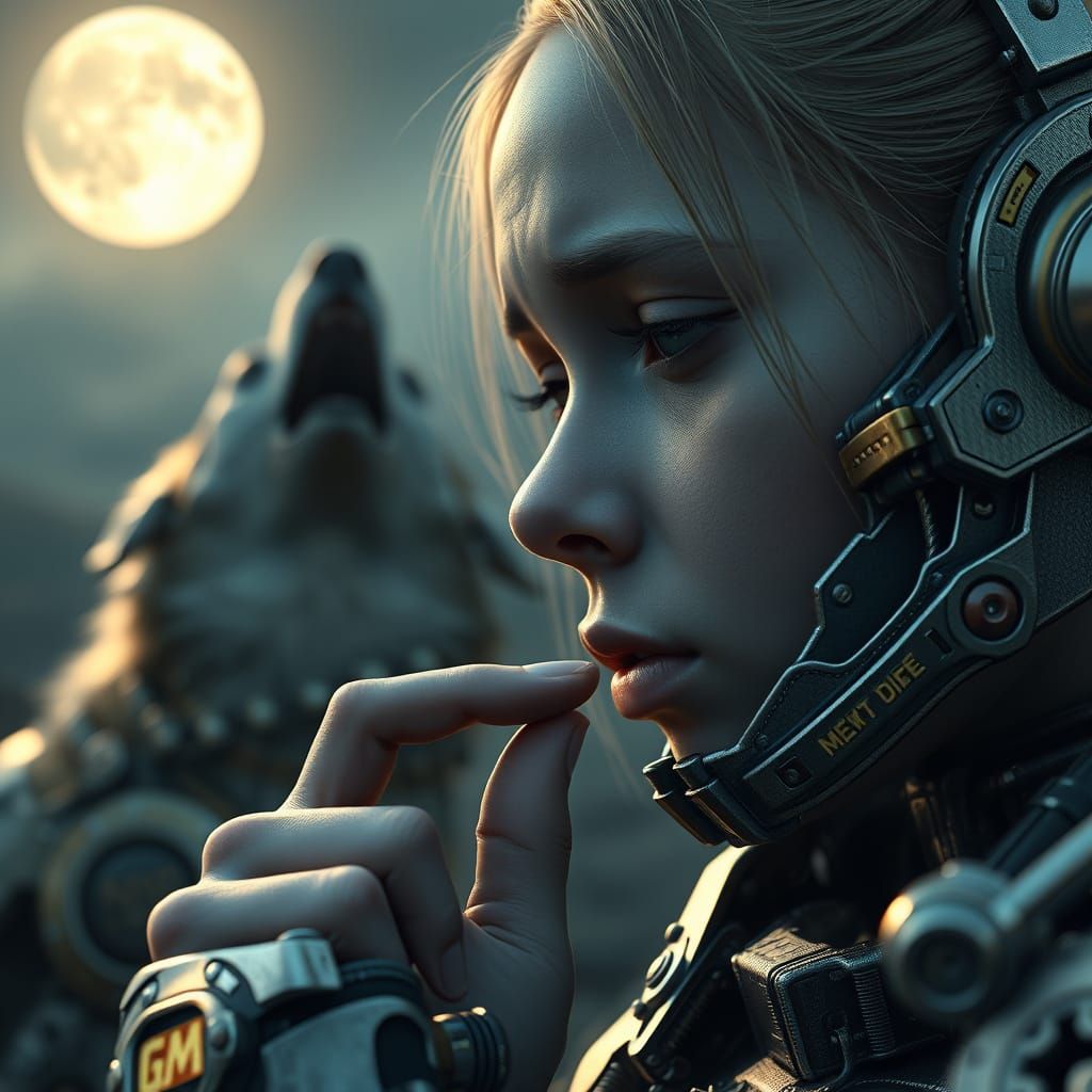 Sad Girl, Howling Dog, Futuristic Sci-Fi Scene