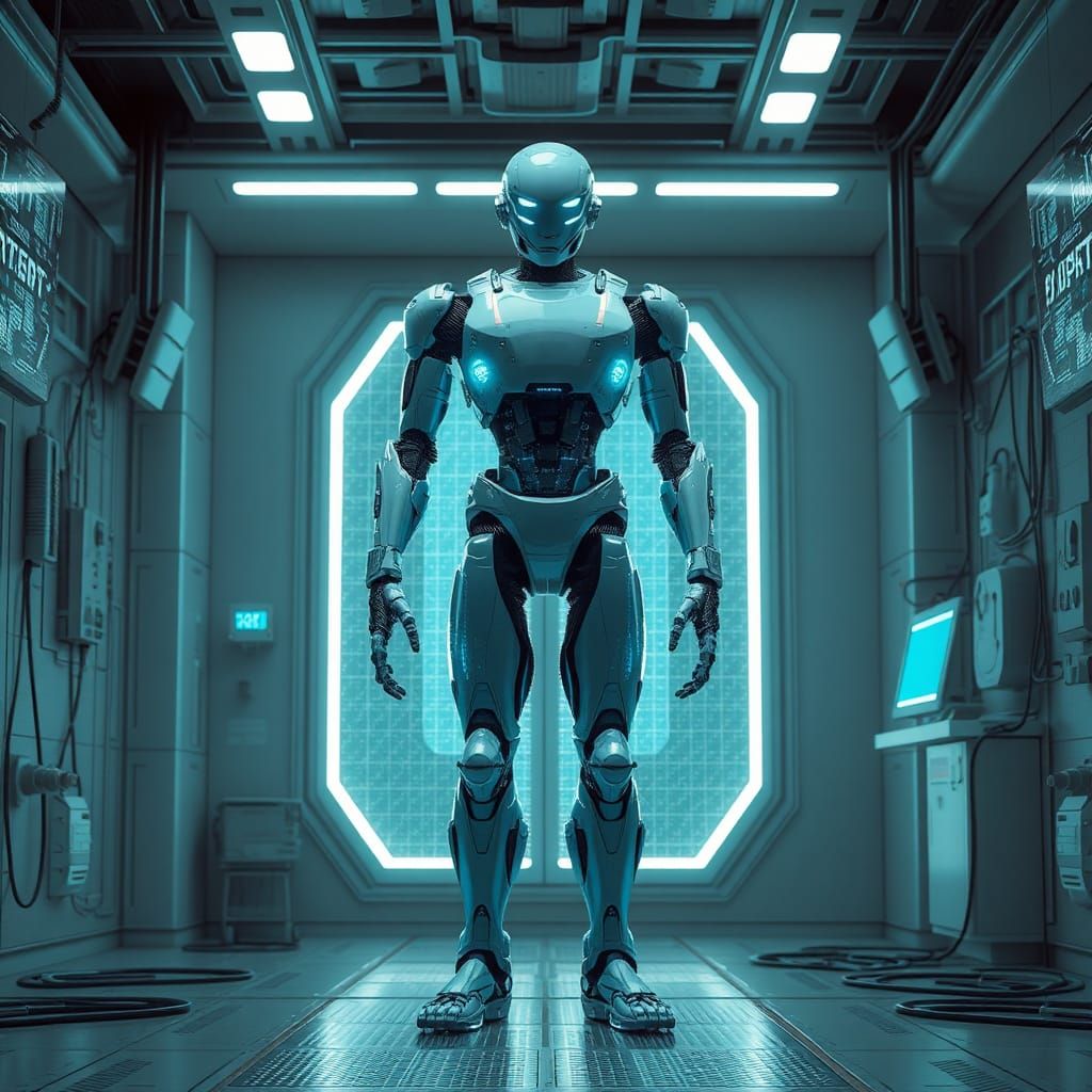 Futuristic Robot in Cyberpunk Laboratory, Syd Mead Style