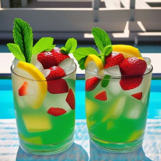 Iced Tea with Fruit on Poolside Table in 3D