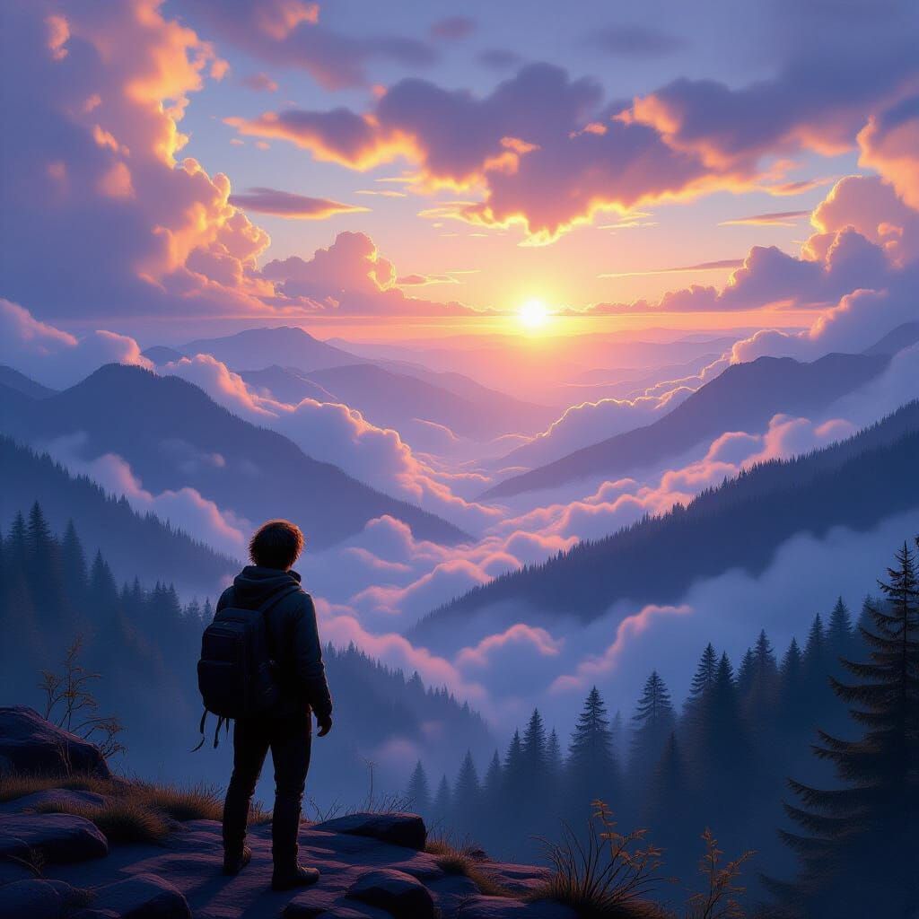 Cinematic Dawn Valley Digital Painting Overlooking Forest