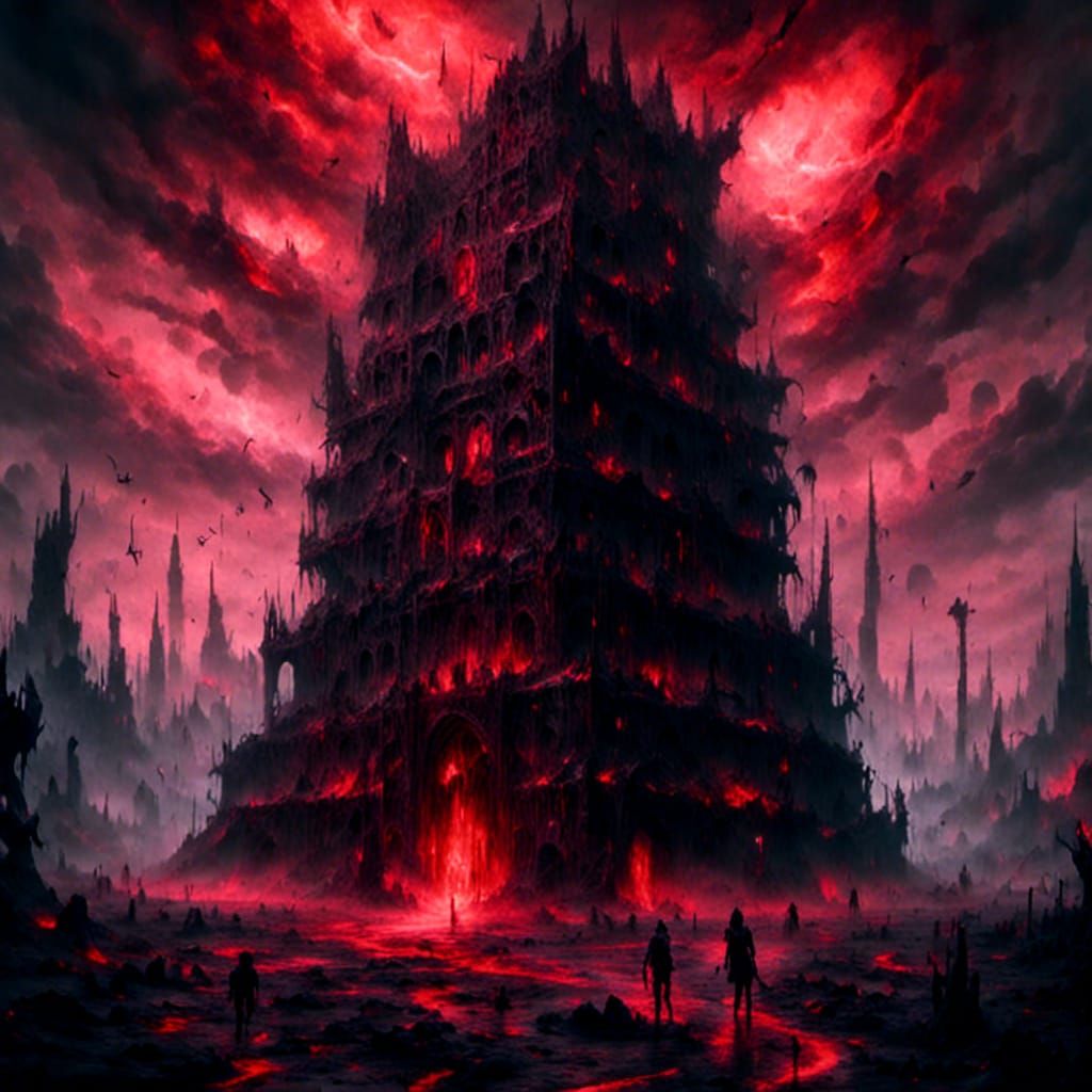 Magical Black Tower Surrounded by Skulls and Hellfire
