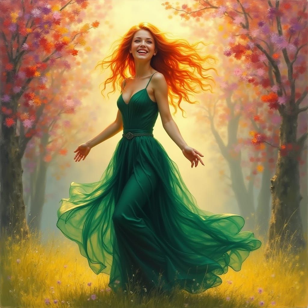 Vibrant Woman in Emerald Gown, Impressionist Masterpiece