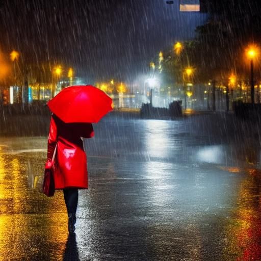 Woman in Red Umbrella Walks in Rainy Thunderstorm