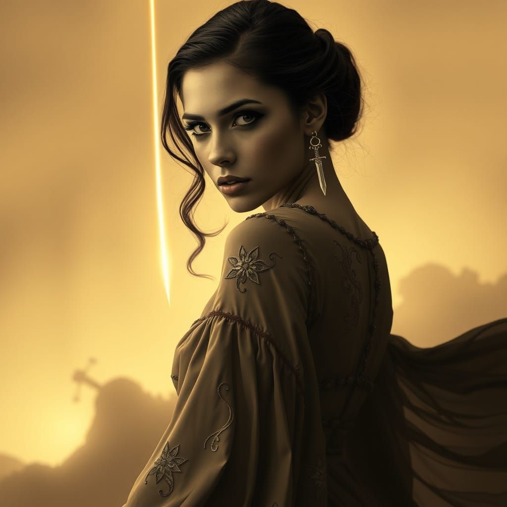 Woman Defies Gravity in a Sepia World of Vibrant Contrast