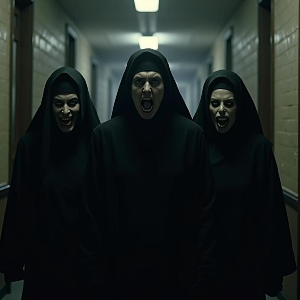 Sinister Nuns in Shadowy Hallway: Cinematic Gothic Horror