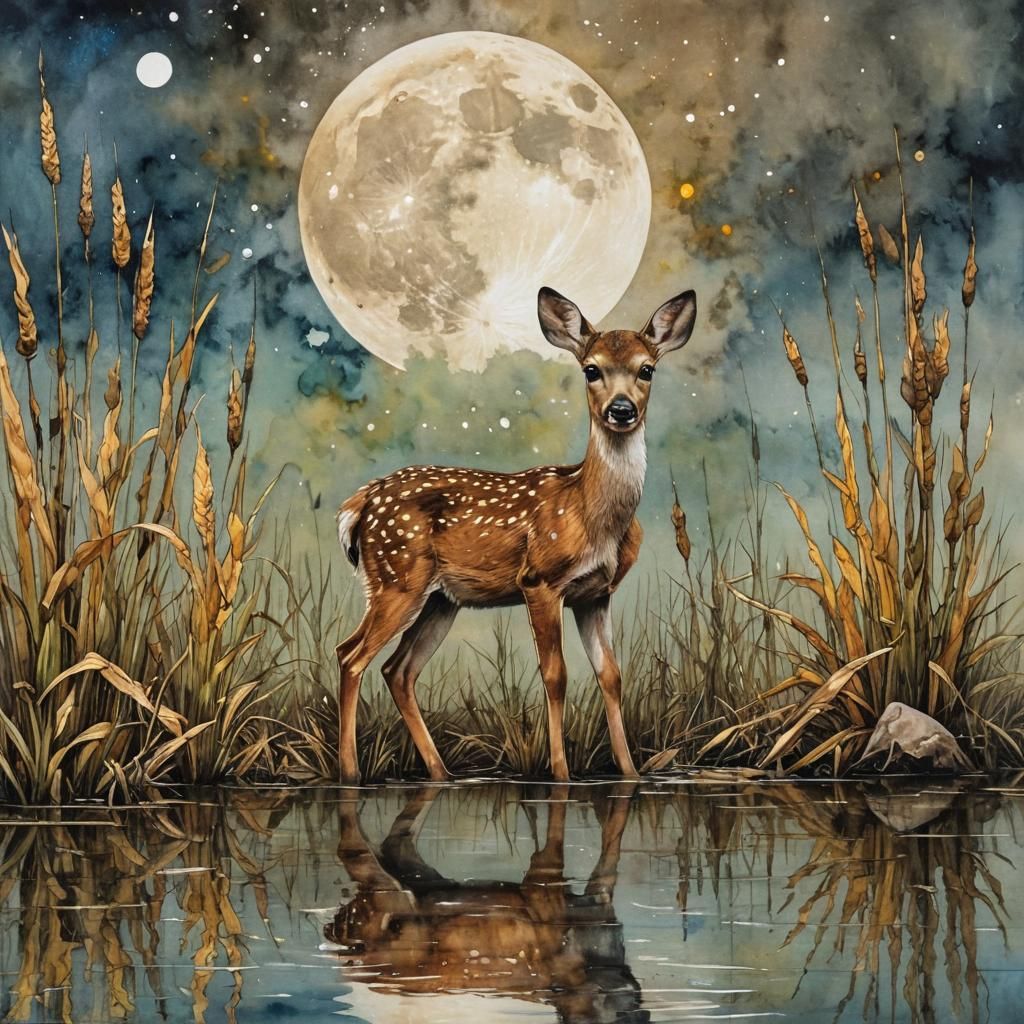 Baby Deer by Pond in Alcohol Ink Marbling