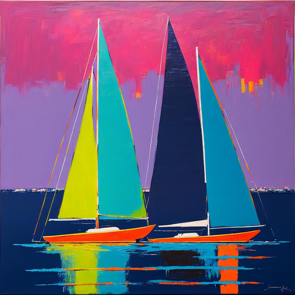 Sailboats in Abstract Minimalism with Neon Accents