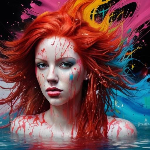 Red-Haired Woman in River: Graffiti Art