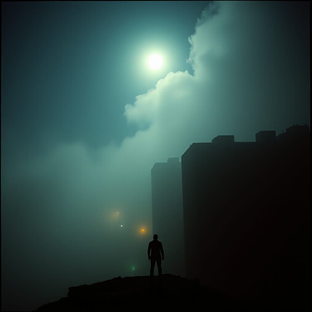 Misty Cityscape at Midnight in Cinematic Style