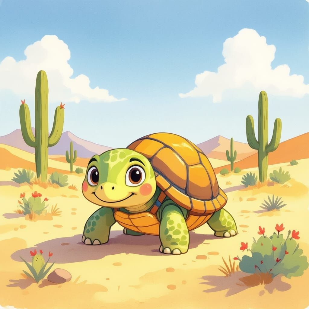 Watercolor Turtle in Desert for Children's Book