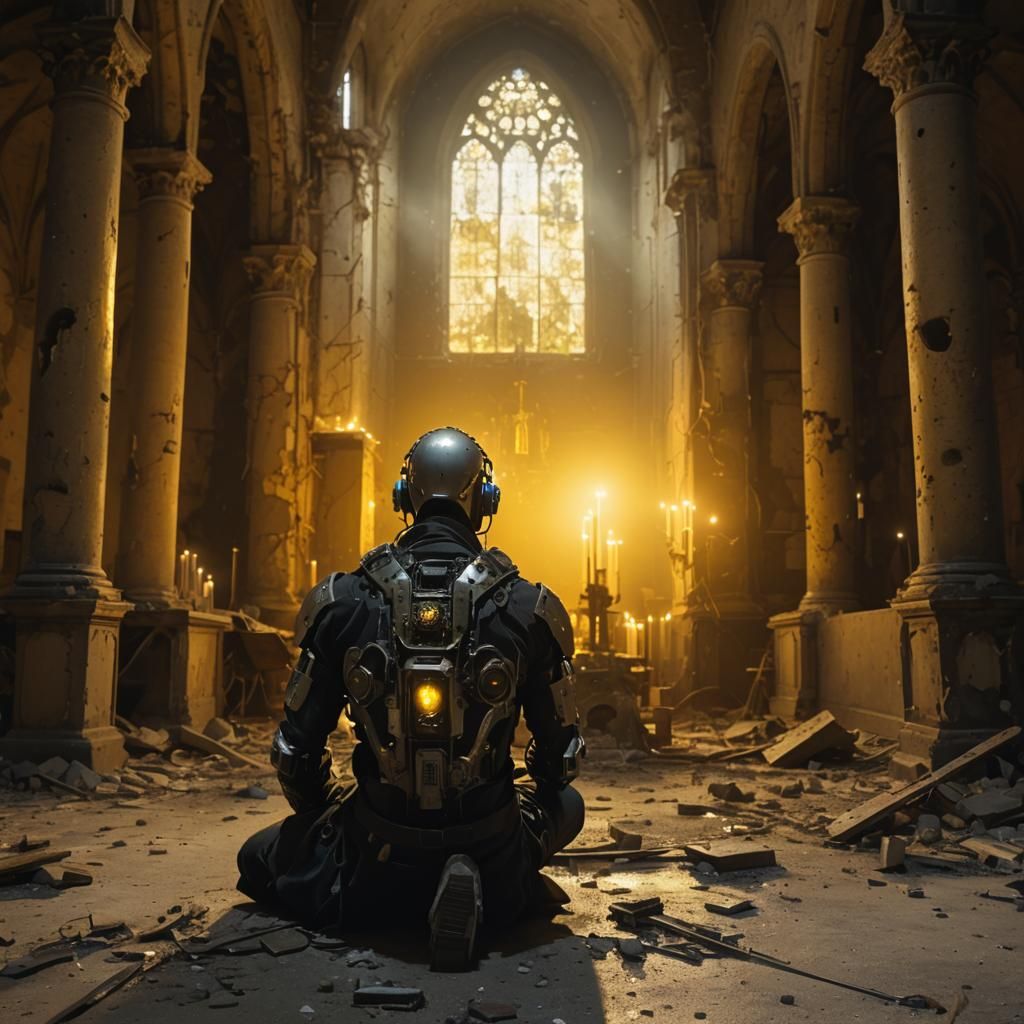 Cyborg Punk in Ruined Church with Candles