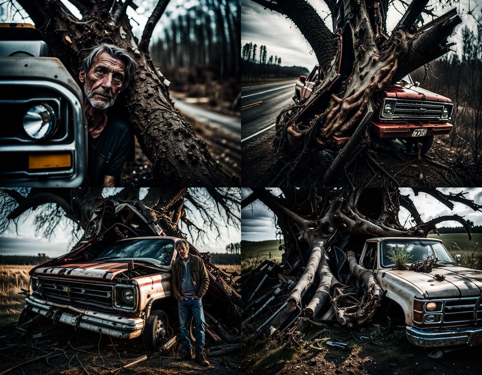 Wrecked Truck by Old Tree: Close-Up Portrait