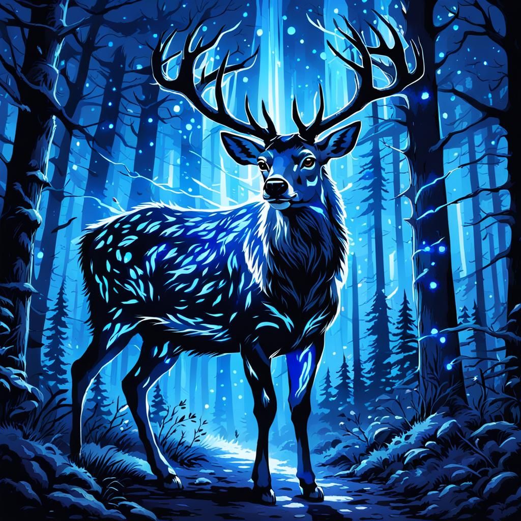 Glowing Blue Deer in Dark Forest