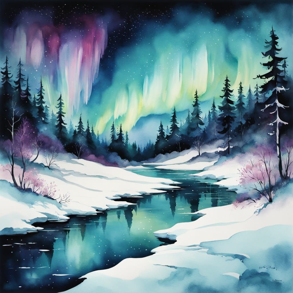 Ethereal Aurora Borealis Over Snowy Landscape Watercolor