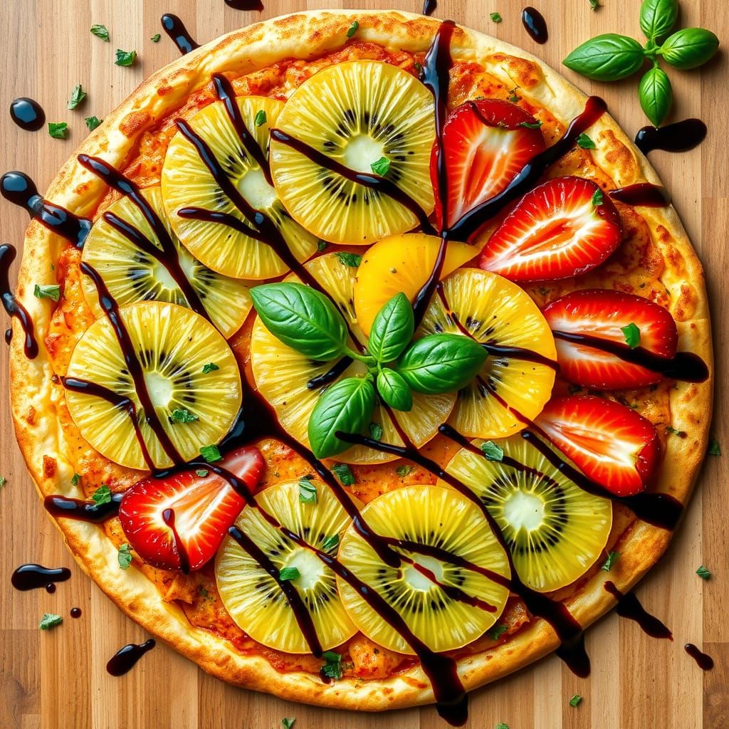 Colorful Whimsical Pizza with Fresh Fruits and Basil