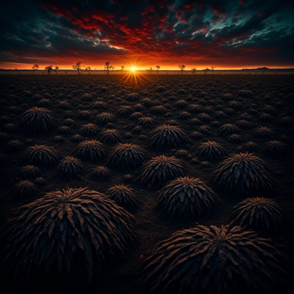 Black Sunrise over Dark Landscape in Polaroid Style