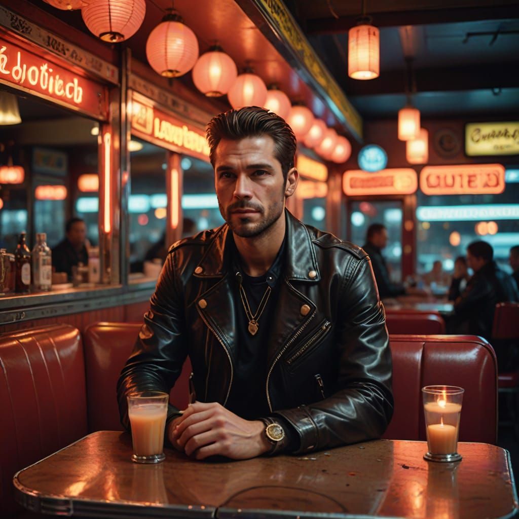 Man in Leather Jacket at Neon Diner Portrait