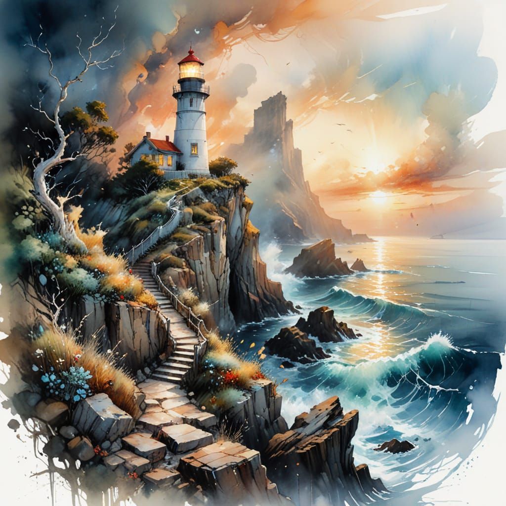 Coastal Lighthouse Watercolour Painting