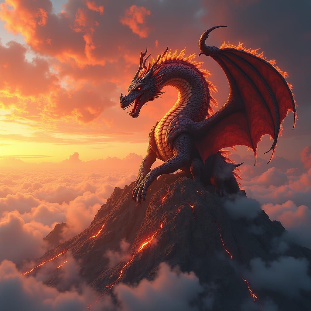 Majestic Fire Dragon Perched Atop Volcano at Sunset