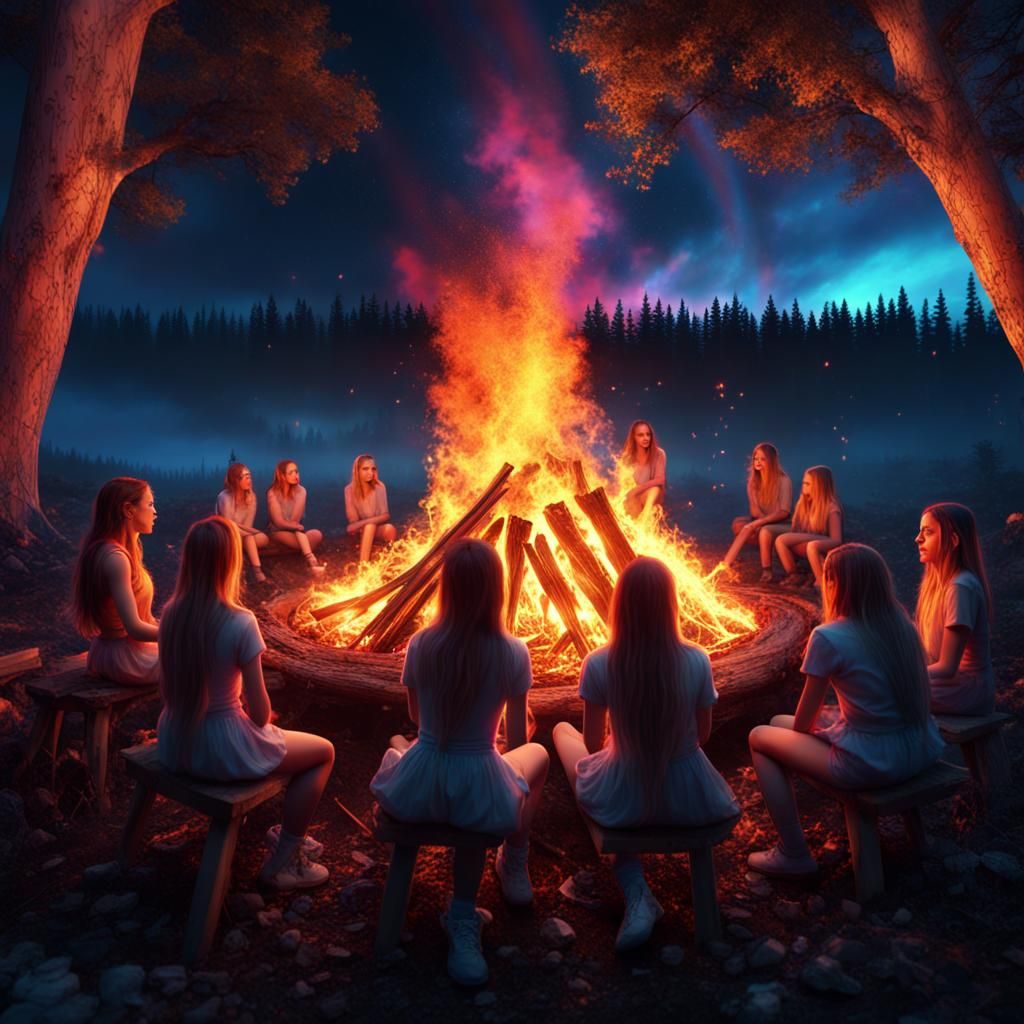Rainbow Bonfire Circle: Detailed Matte Painting