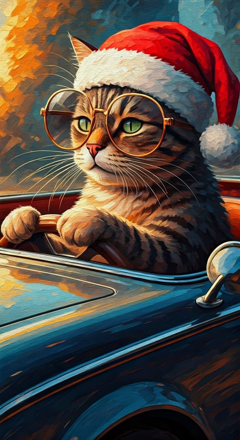 Whimsical Impressionist Cat Drives Off into Sunset