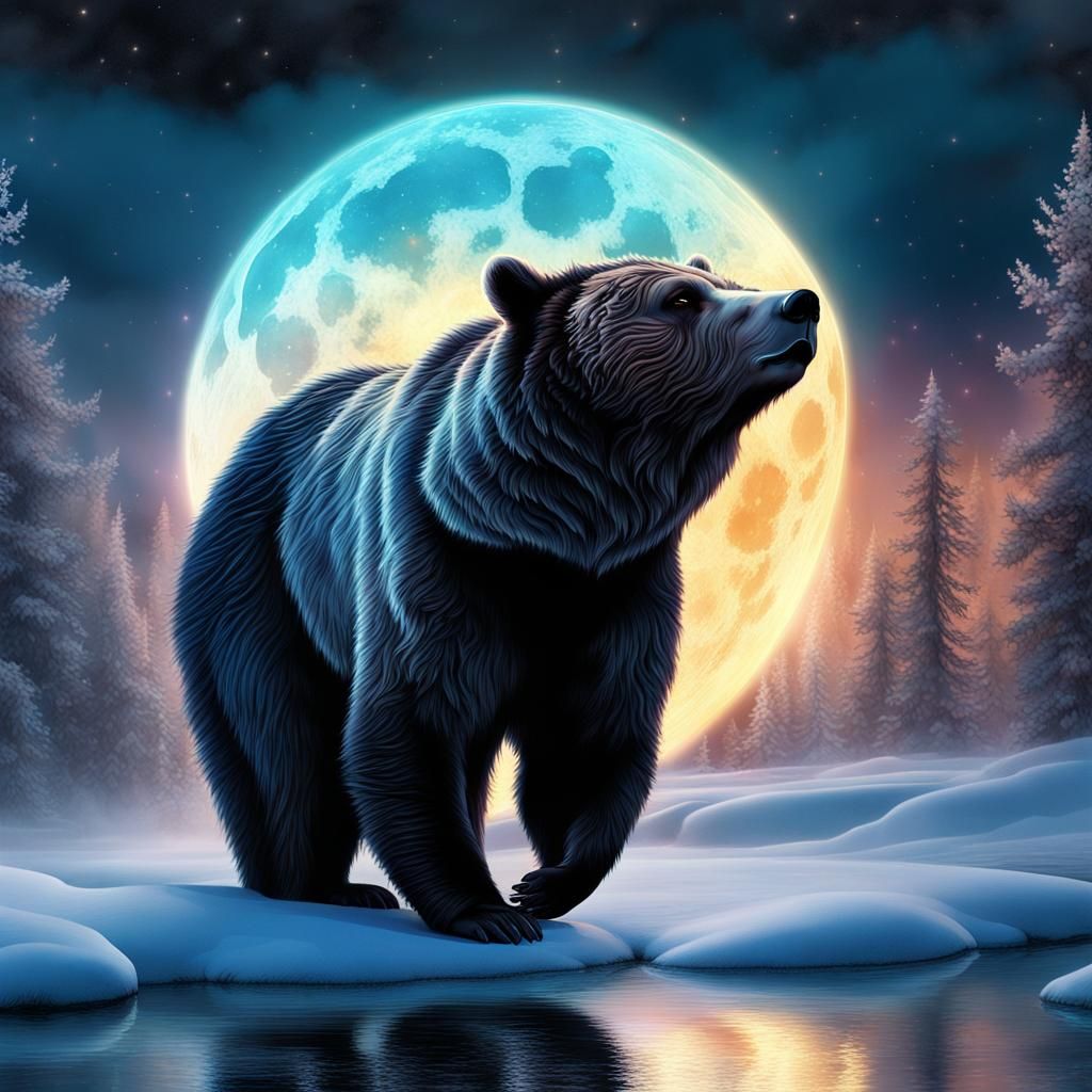 Glowing Wispy Bear Dancing Under Bioluminescent Moon