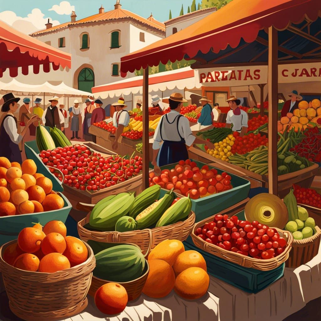 Spanish Market Scene in Naive Art Style