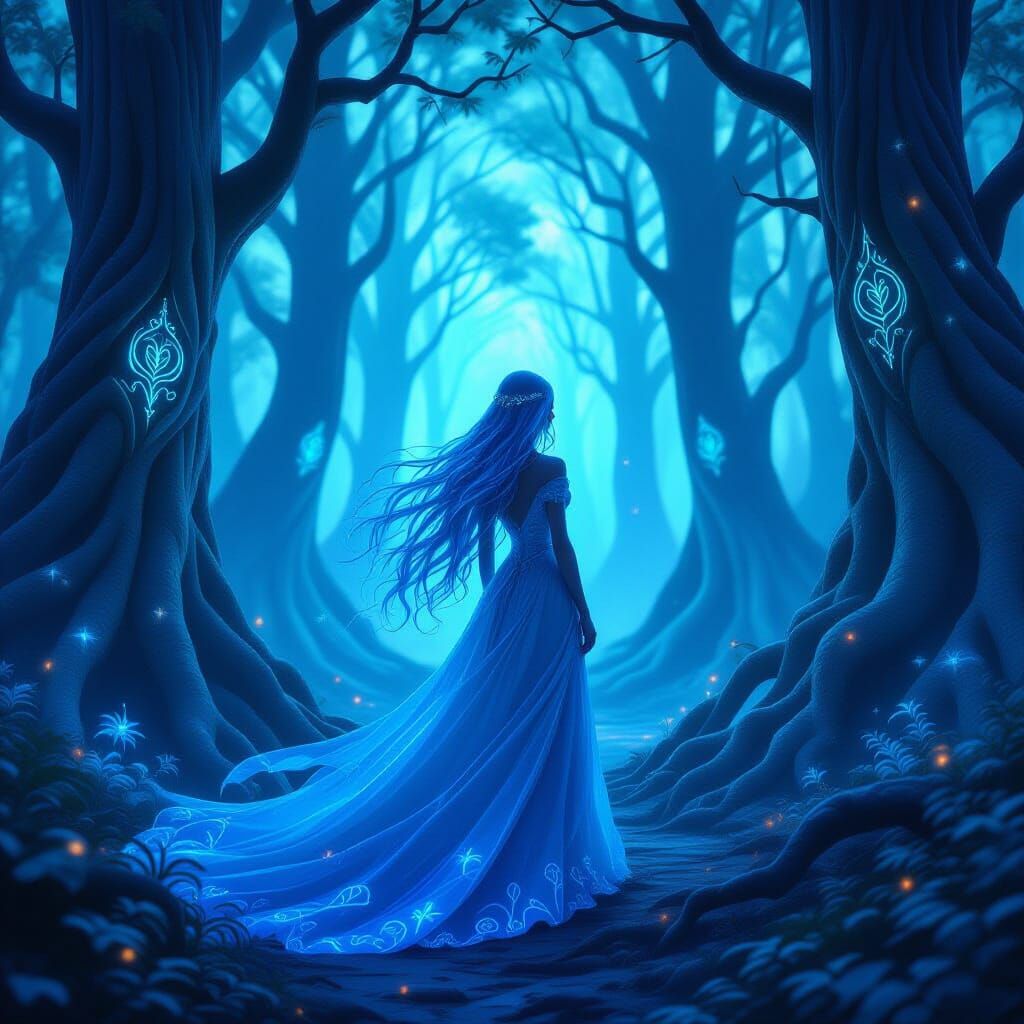 Woman in Glowing Forest, Fantasy Concept Art Style