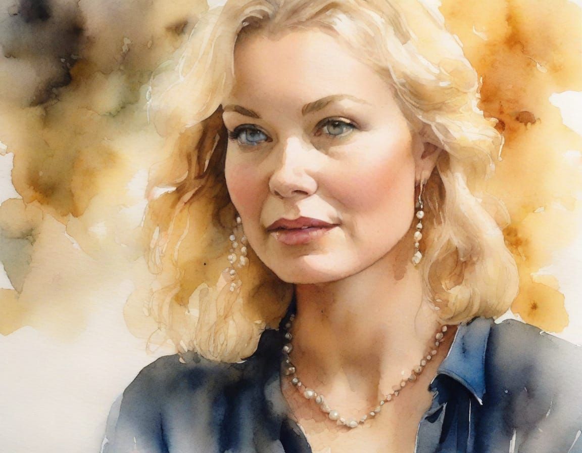 Elegant Blonde Muse Portrait in Watercolor and Ink