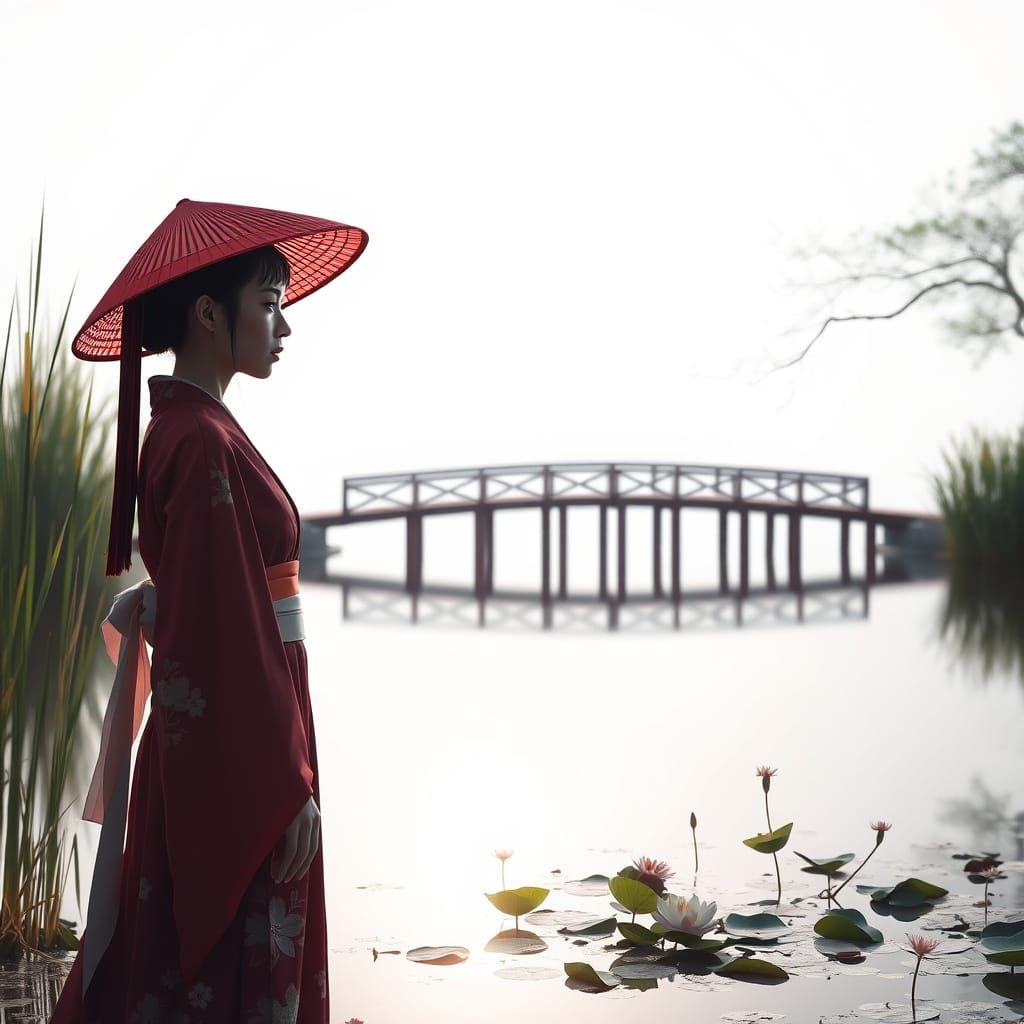 Serene Japanese Lady by Tranquil Lake in Ethereal Light