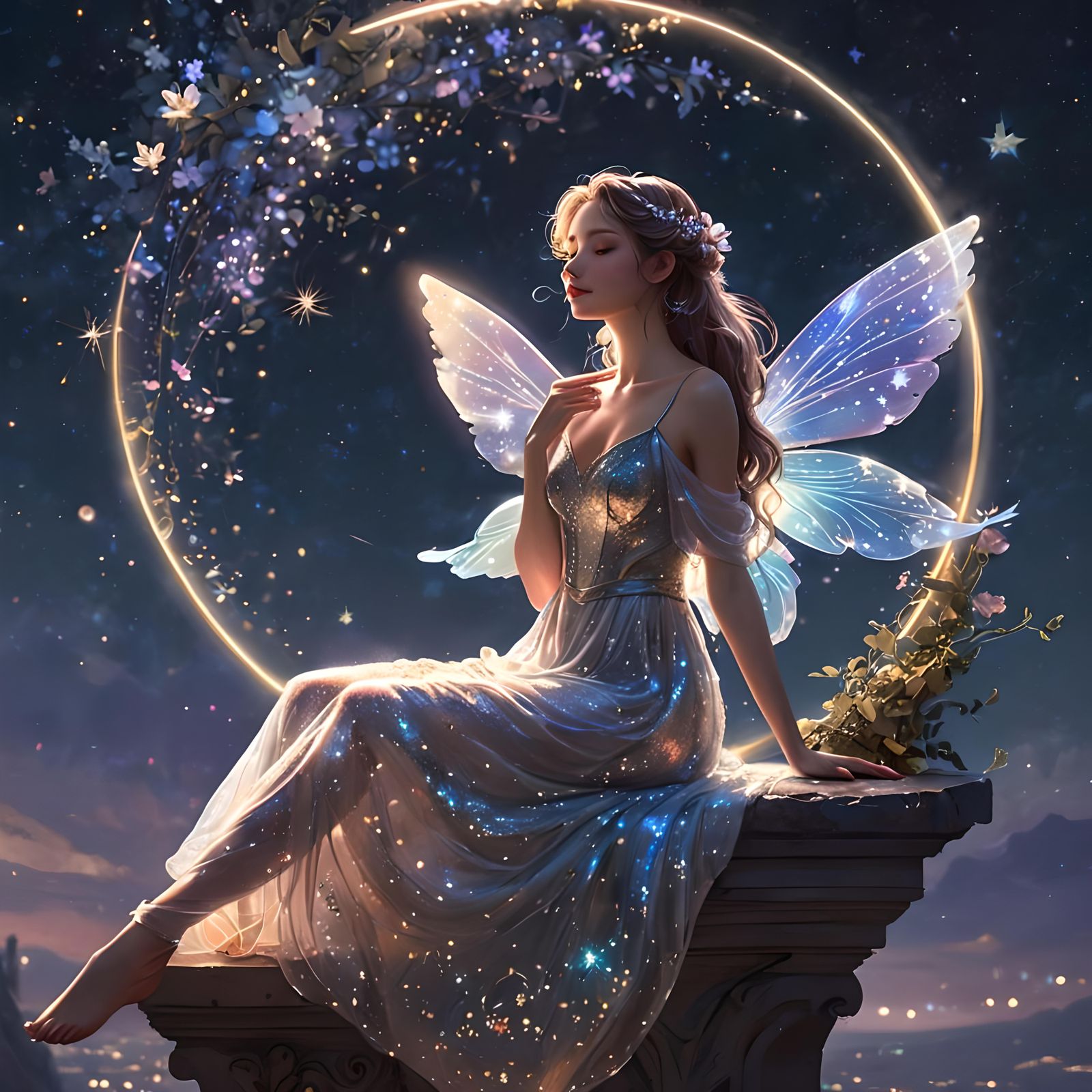 Fairy on Crescent Moon in Starry Night