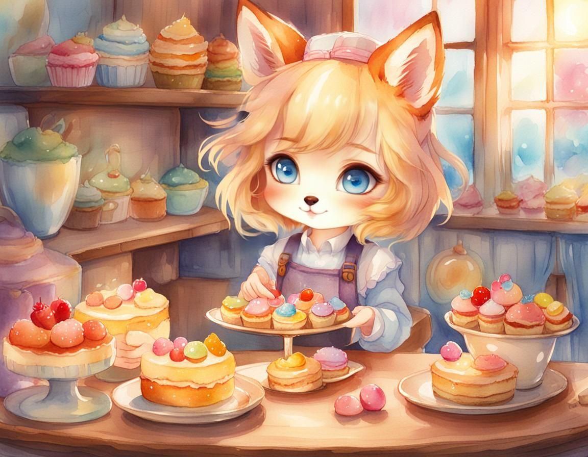 Anime Fox-Girl in Watercolor Style