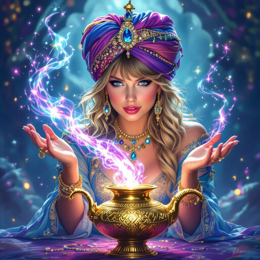 Taylor Swift as a Genie Granting Wishes in Fantasy Art Style