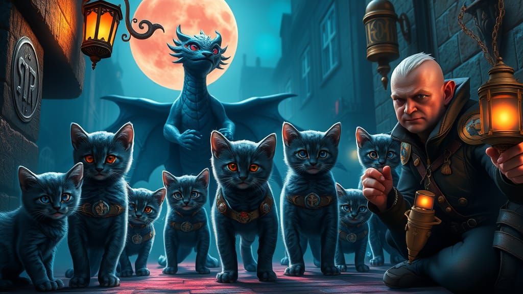 Steampunk Kitten Gathering Under the Crimson Blue Moon