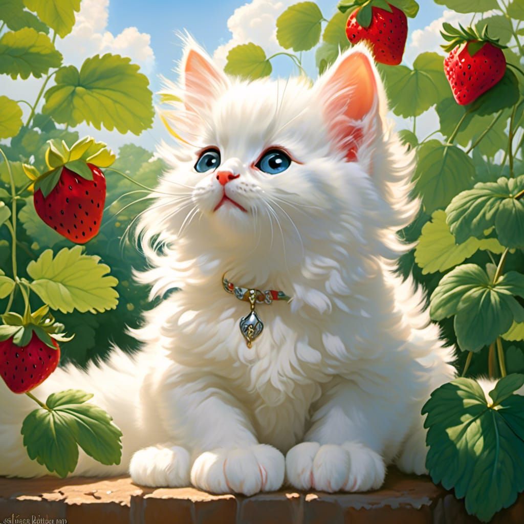 Fluffy White Kitten with Strawberry Plant