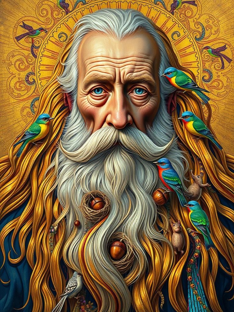 Golden God: A Klimt-Inspired Portrait with Birds