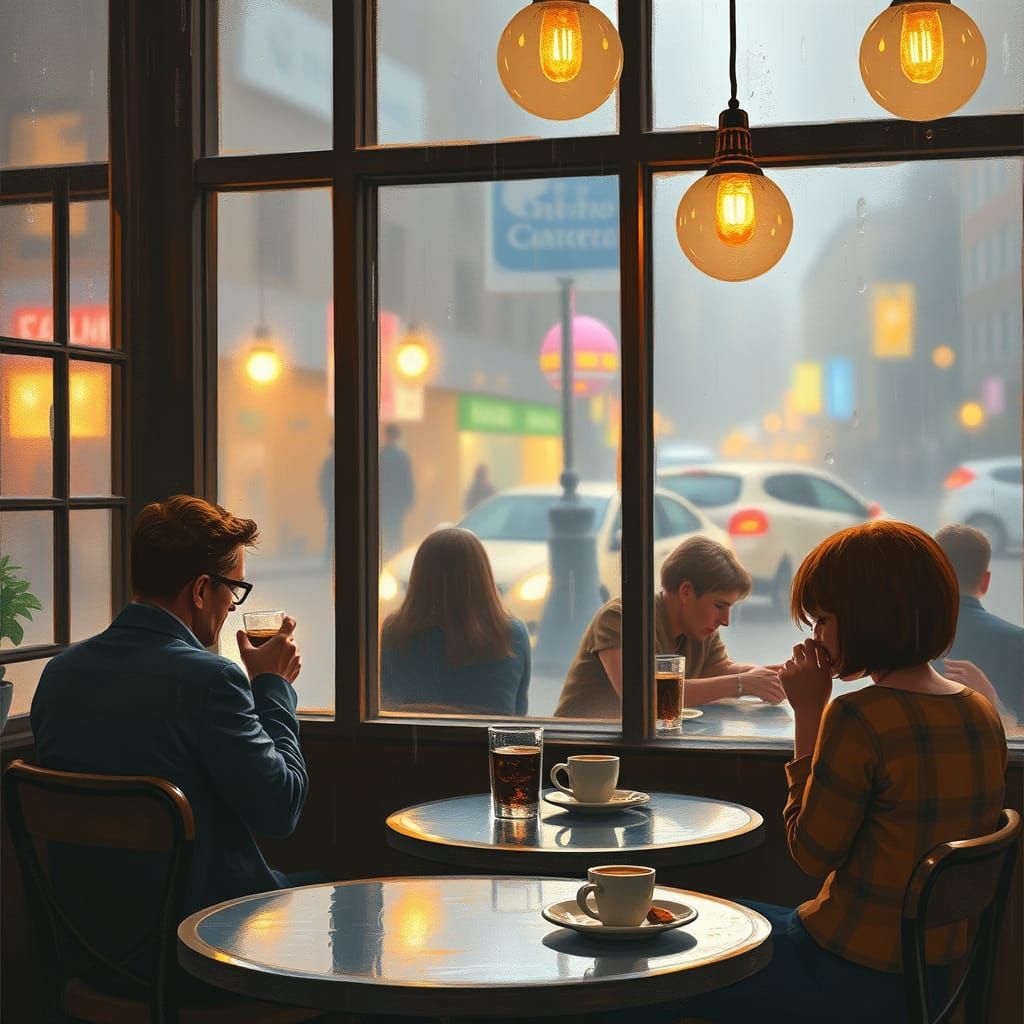 Cozy Cafe Scene in Summer Rain, Impressionistic Style