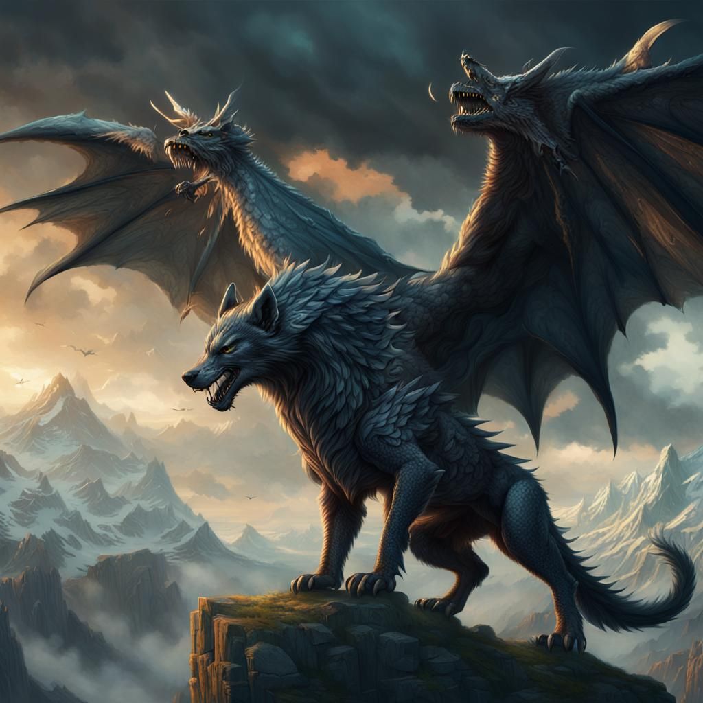 Winged Wolf Dragon in Digital Matte Painting