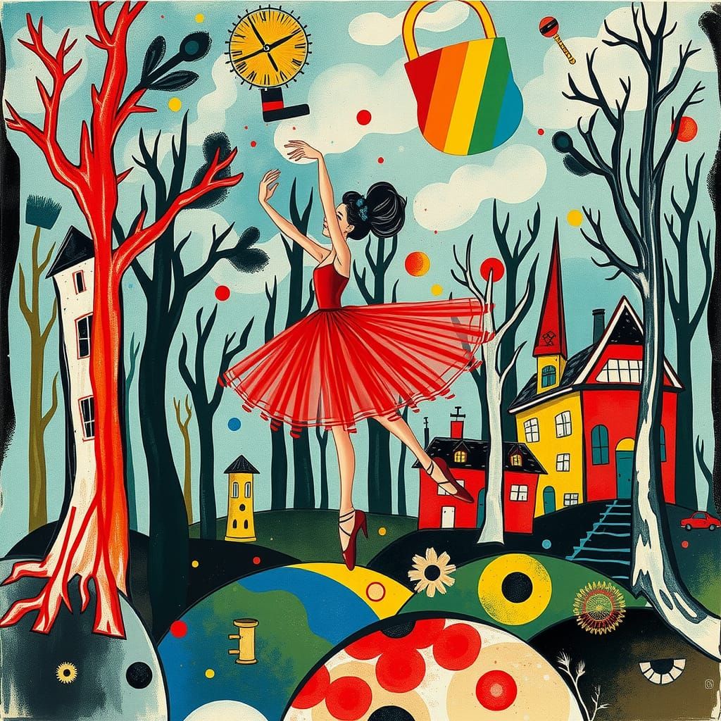 Cubist Ballerina in Red Shoes with Rainbow Fairy