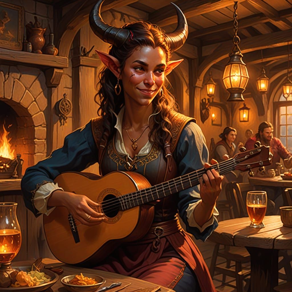 Enchanting Tavern Scene with Female Tiefling Lute Player in ...