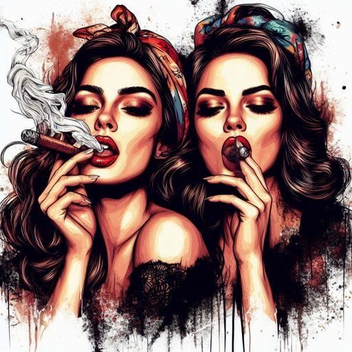 Italian Women Smoking Cigars in Splash Art Style