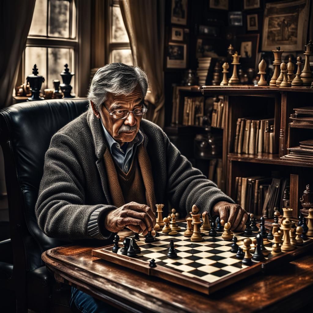 Hyperrealistic Chess Grandmaster in Cozy Study