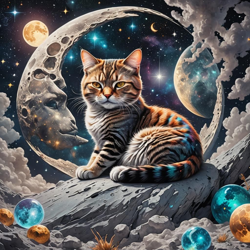 Cat Sleeping on the Moon: Cosmic Illustration
