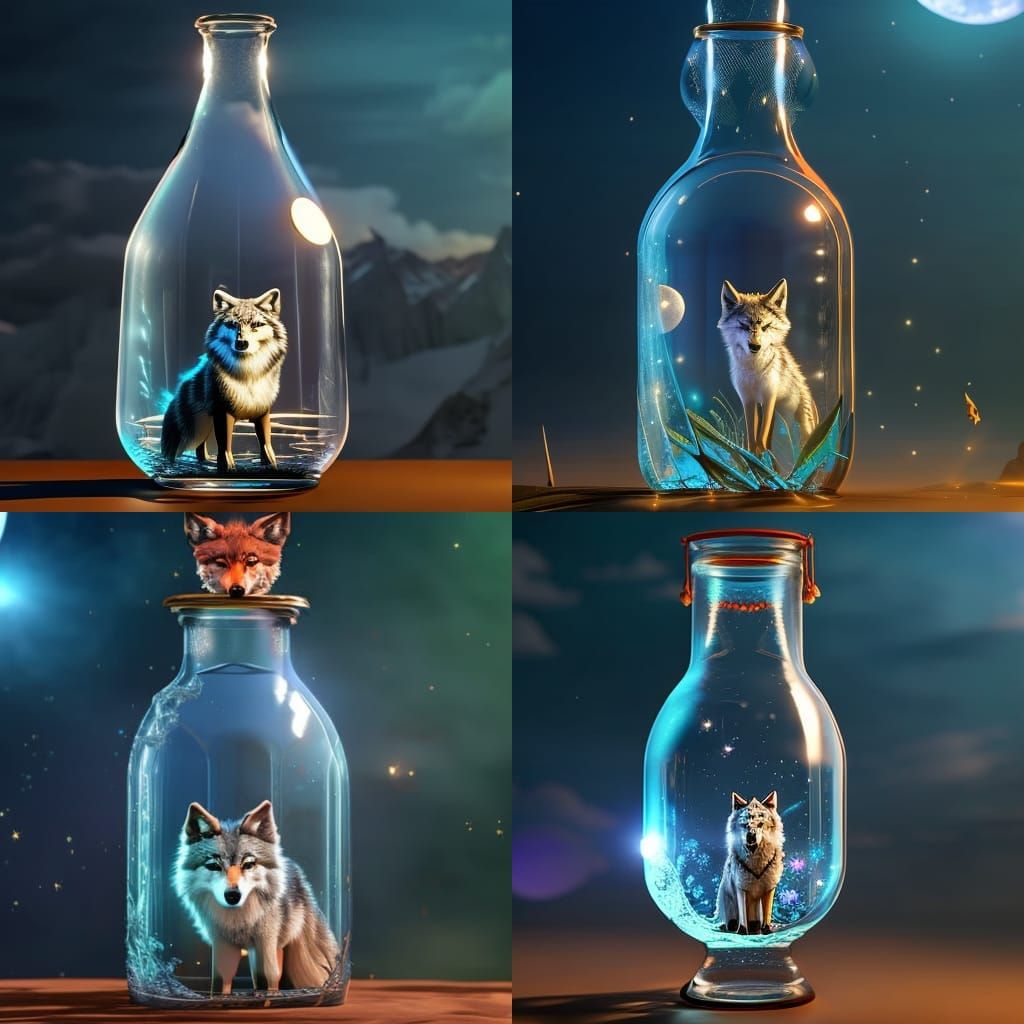 Adorable Wolf and Moon in a Bottle: Digital Art