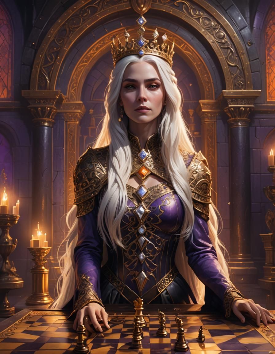 Fantasy Queen on Chessboard in Ornate Vault